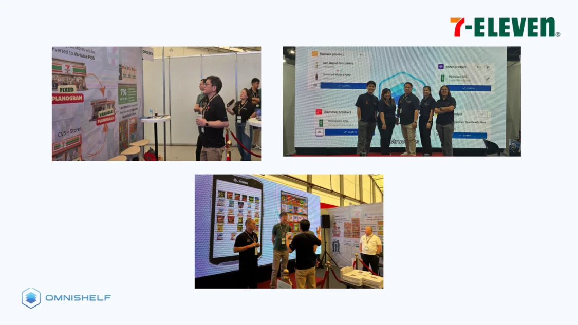 OmniShelf StoreOS demo on handheld devices and large screens at a 7-Eleven Philippines event