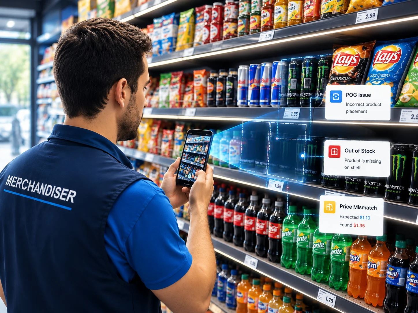 Drop: field merchandiser scanning shelves with a smartphone in a Traditional Trade store