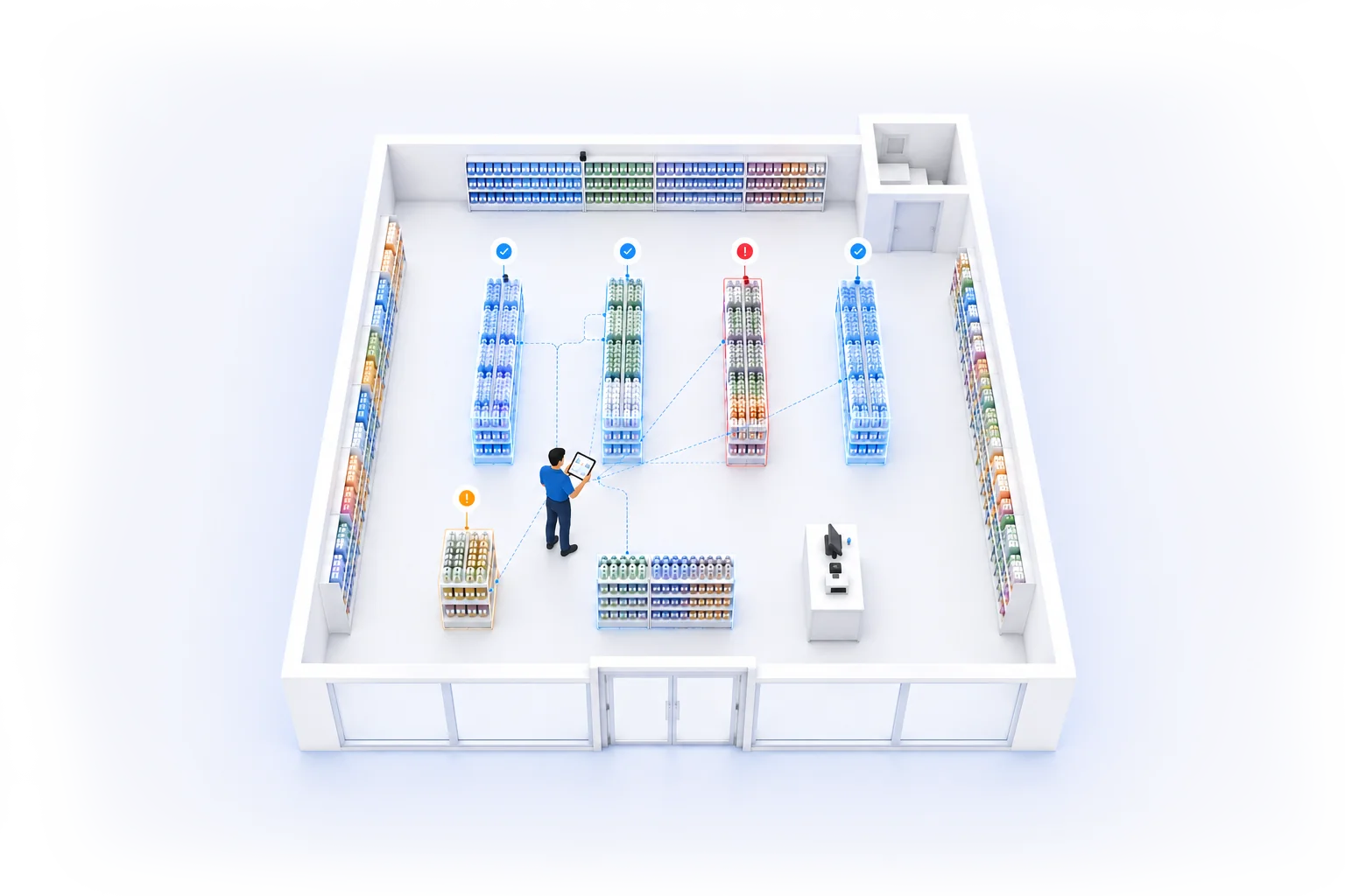 Drop: employee using the app on the sales floor, single guided flow (use a PNG that blends into the page background, no card/shadow)