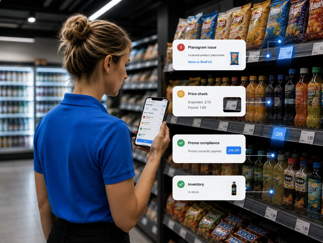 Drop: store employee checking shelves with a smartphone, Super Planogram interface visible on screen