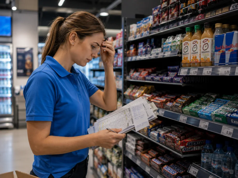 Drop: busy small-format store, employee serving a customer while shelves need attention