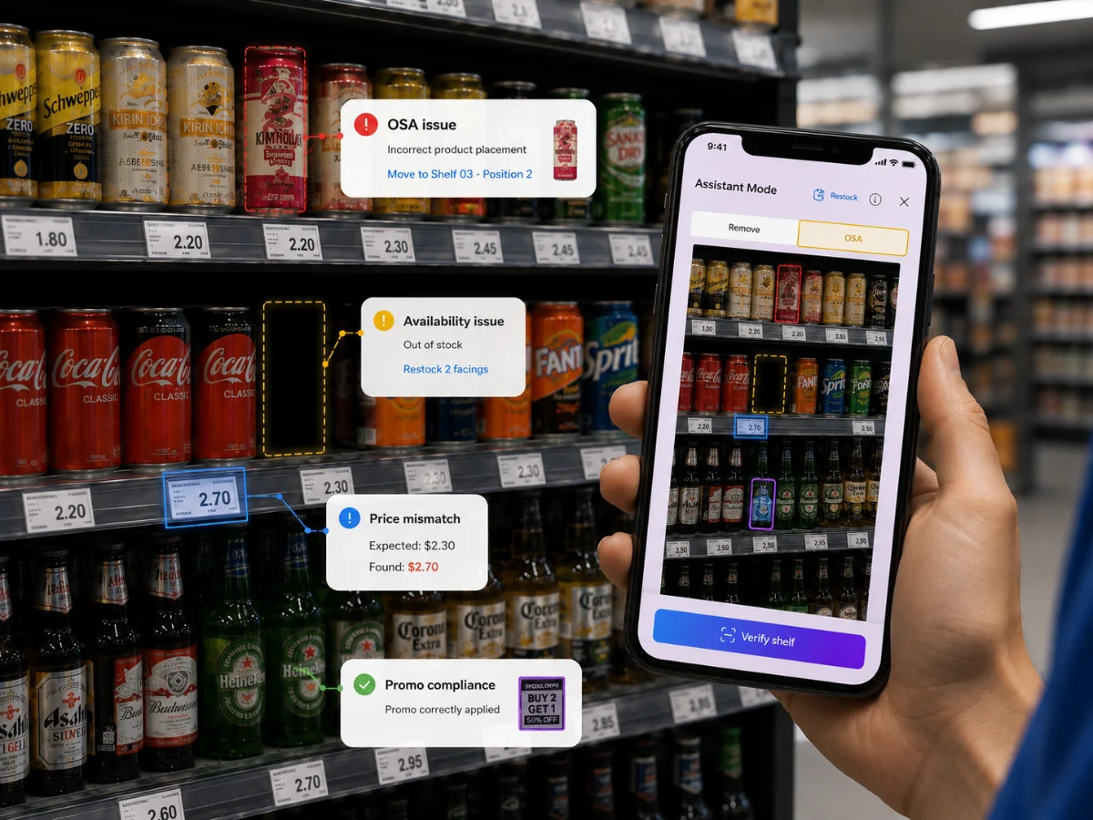 Drop: large Super Planogram mobile UI, employee interacting with step-by-step shelf-fix guidance